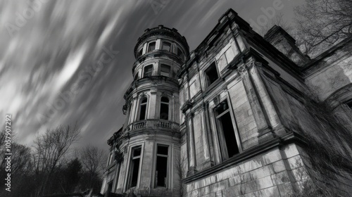 A grand, abandoned mansion with a tower, surrounded by trees, under a dramatic sky.