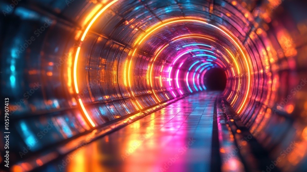 Futuristic Neon Tunnel with Vibrant Light Reflections and Sci-Fi Aesthetics Futuristic Neon Tunnel with Vibrant Light Reflections and Sci-Fi Aesthetics