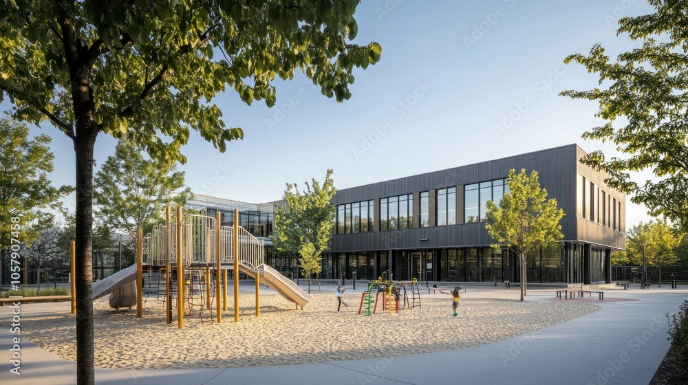 Modern School Building with Playground Modern School Building with Playground