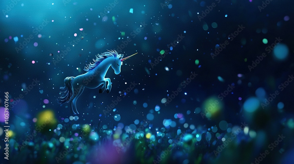 A painting of a unicorn amidst a sea of green blades, beneath a cerulean canvas speckled with celestial bodies A painting of a unicorn amidst a sea of green blades, beneath a cerulean canvas speckled with celestial bodies