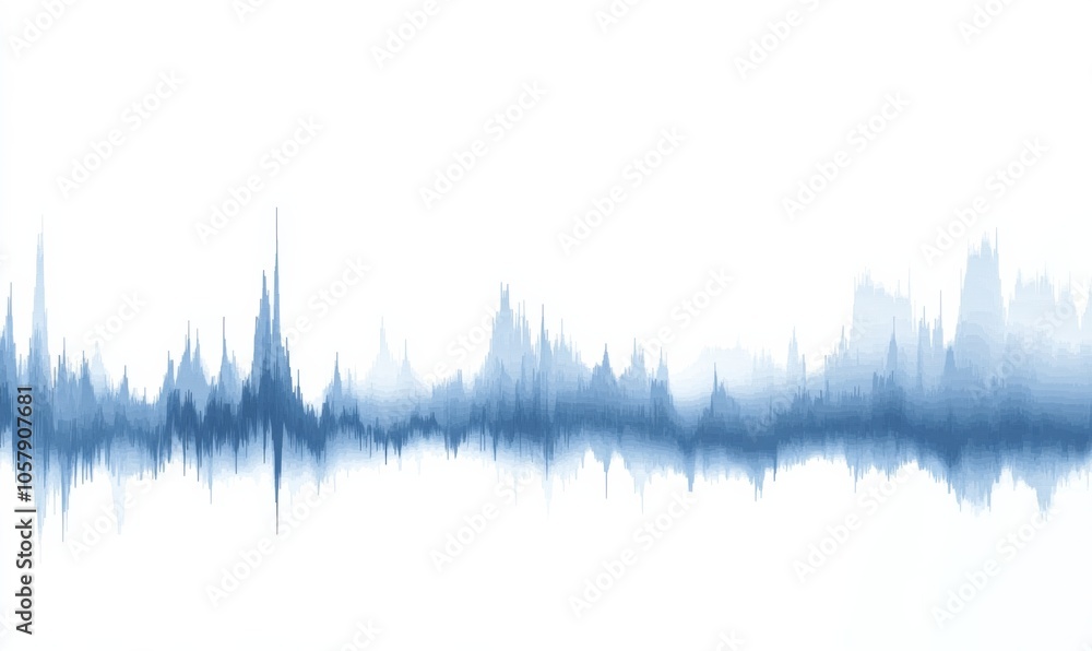 Simple blue and white graph of audio waveforms, visually representing the spectrum of music with sharp spikes reflecting analog tones. Simple blue and white graph of audio waveforms, visually representing the spectrum of music with sharp spikes reflecting analog tones.