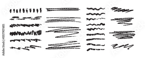 Chalk lines, brush strokes, crayon pencil underlines. Sketch Charcoal straight horizontal lines set. Scribble black strokes. Grunge vector smears, thin and thick dividers.