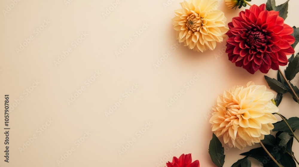 Obraz premium Bright dahlias in shades of red and yellow are artistically arranged on a soft beige surface, highlighting their intricate petal formations and lush green leaves, creating a cheerful atmosphere.