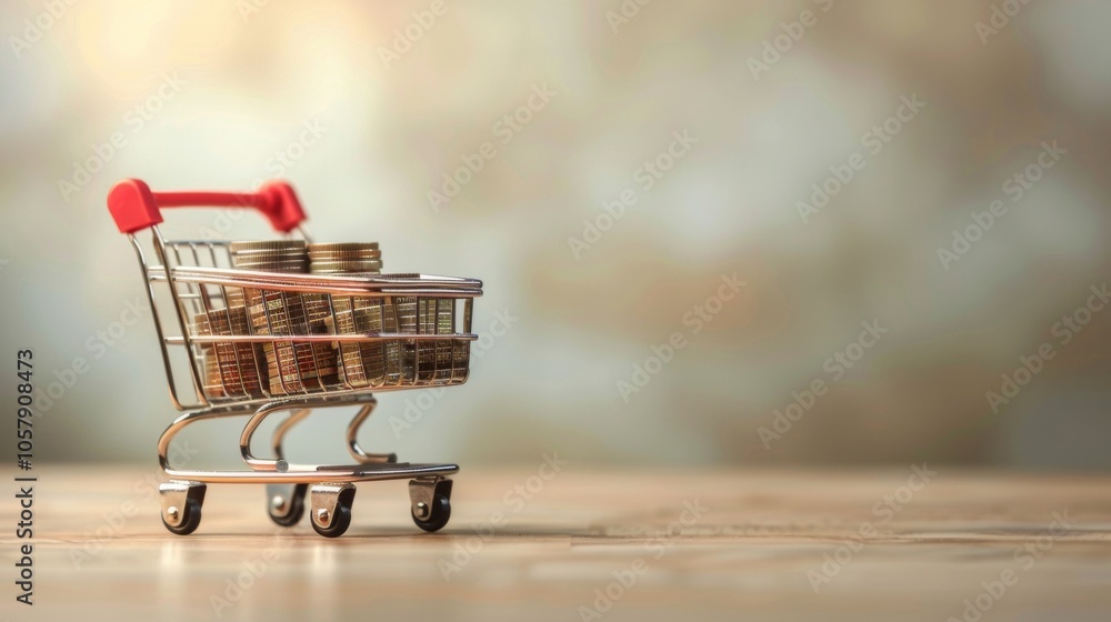 Mini shopping cart filled with stacked coins on wooden surface Mini shopping cart filled with stacked coins on wooden surface