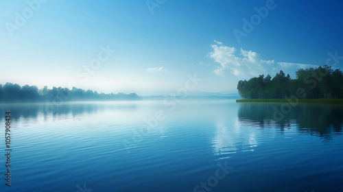 Tranquil lake with a small island covered in green trees in the middle. The sky is clear with a few white clouds.