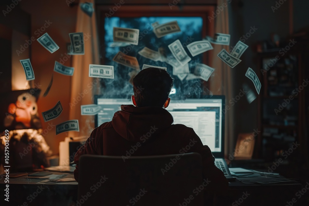 programmer sits in front of a pc, falling money fly around programmer sits in front of a pc, falling money fly around