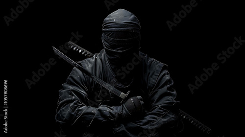 A dark and mysterious ninja, dressed in black, with his face hidden by a mask, is sitting in a seiza position, ready to strike.