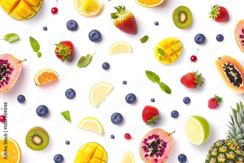 Fruit flat lay on white background. Fruit flat lay on white background.