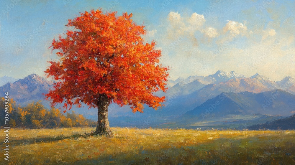 A lone, vibrant red tree stands out against a backdrop of rolling hills and snow-capped mountains in a picturesque landscape.