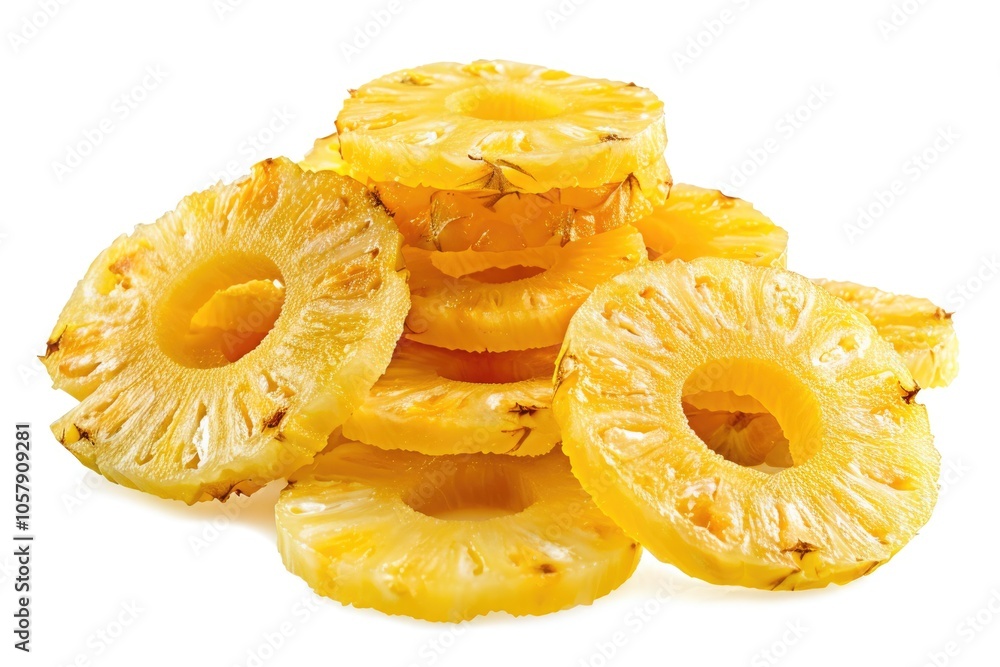 Falling pineapple rings. Canned pineapple slices isolated on white background with clipping path Falling pineapple rings. Canned pineapple slices isolated on white background with clipping path