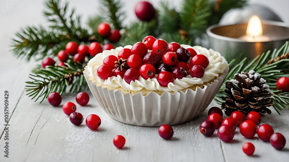 A Christmas tart topped with fresh cranberries and whipped cream, surrounded by pine branches, berries, and a candle, creating a cozy holiday atmosphere.
A Christmas tart topped with fresh cranberries and whipped cream, surrounded by pine branches, berries, and a candle, creating a cozy holiday atmosphere.