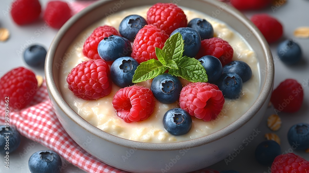 A bowl of fruit and yogurt with blueberries and raspberries. The bowl is on a checkered cloth A bowl of fruit and yogurt with blueberries and raspberries. The bowl is on a checkered cloth