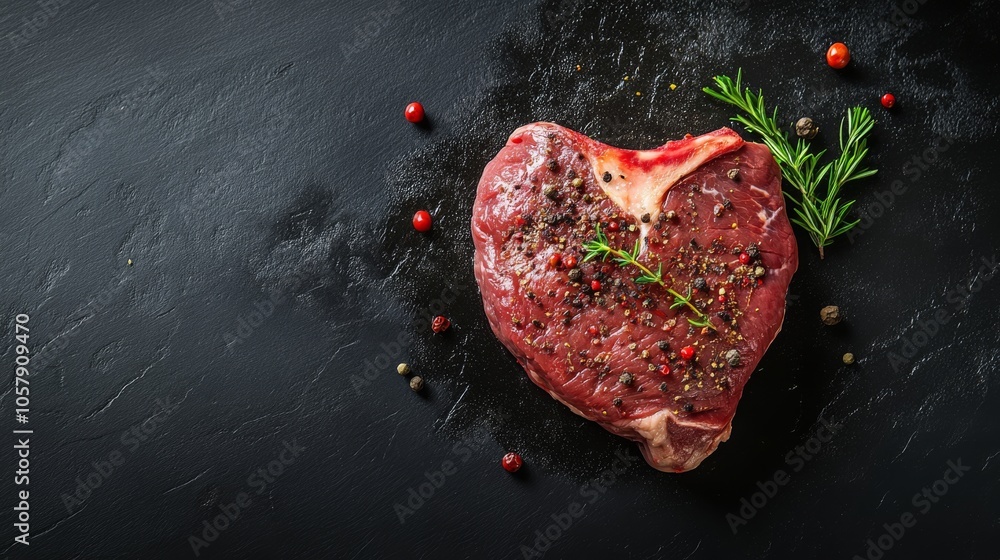 Raw pork heart is ready to cook with spices and herbs. Meat. On a black background. Raw pork heart is ready to cook with spices and herbs. Meat. On a black background.