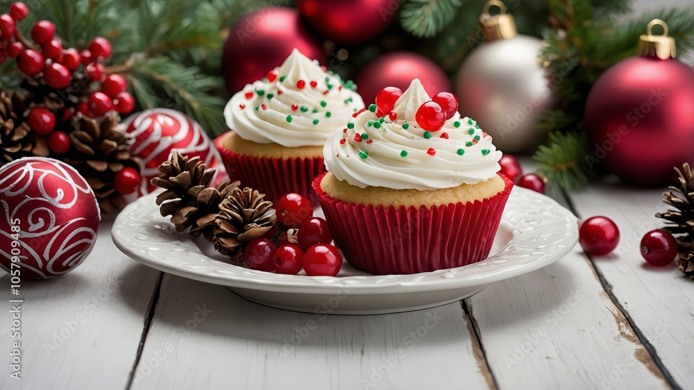 A plate of Christmas cupcakes topped with whipped frosting and red decorations, surrounded by holiday ornaments and pine branches, capturing holiday cheer.
A plate of Christmas cupcakes topped with whipped frosting and red decorations, surrounded by holiday ornaments and pine branches, capturing holiday cheer.