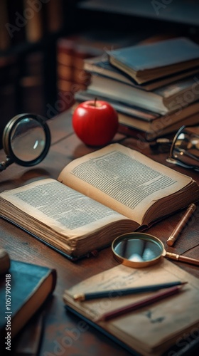 A cozy study corner with books, an apple, and reading glasses during afternoo...