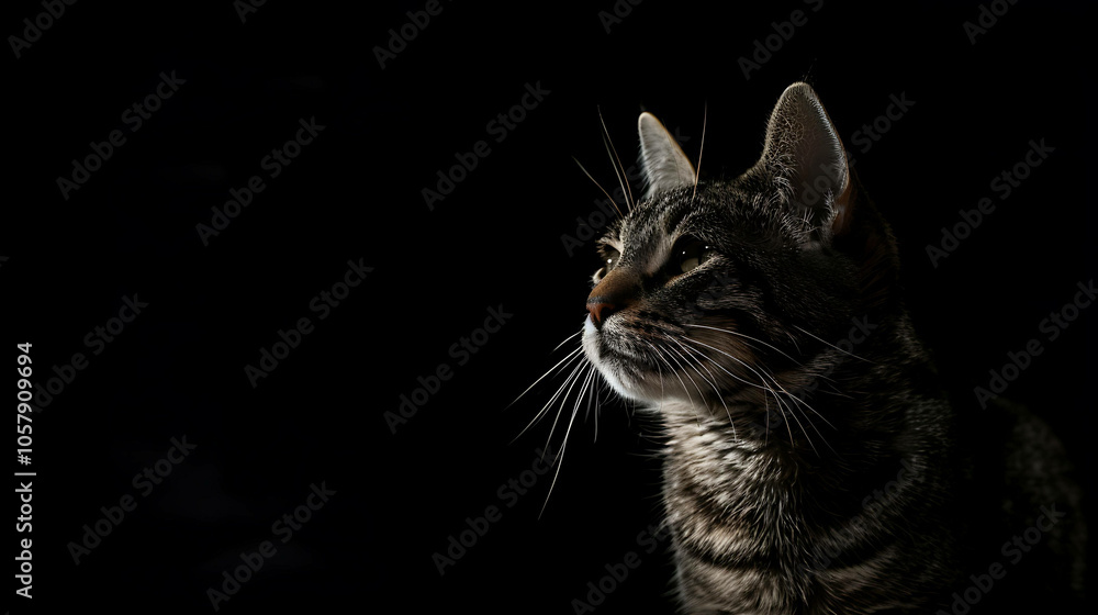 A beautiful tabby cat with big green eyes is sitting in the dark. The cat is looking up at something with a curious expression. A beautiful tabby cat with big green eyes is sitting in the dark. The cat is looking up at something with a curious expression.