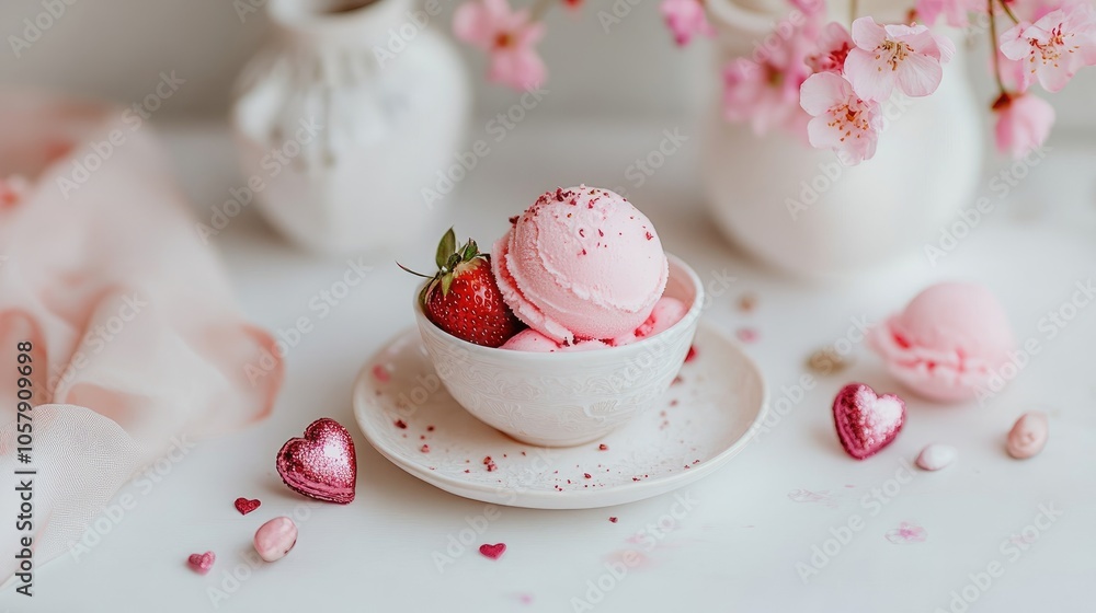 Fototapeta premium Elegant Pink Dessert with Strawberry and Spring Blossoms in Soft Pastel Setting