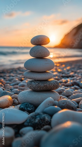 Balancing stones on a tranquil beach at sunset with soft waves gently lapping...