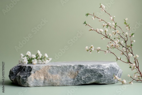 Marble stone on a green surface surrounded by delicate white flowers in soft ...