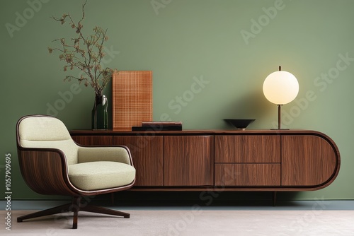 Cozy living room corner featuring a yellow chair, wooden cabinet, and lamp ag...