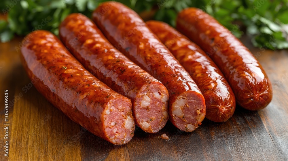 Fresh Spicy Chorizo Sausages on Rustic Wooden Surface with Herbs for Authentic Culinary Inspirations Fresh Spicy Chorizo Sausages on Rustic Wooden Surface with Herbs for Authentic Culinary Inspirations