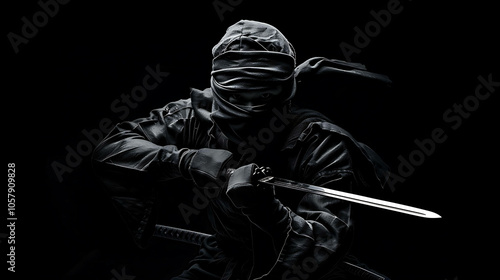 A ninja, dressed in black, with his face hidden by a mask, is holding two swords. He is crouched in a ready position, ready to attack. photo