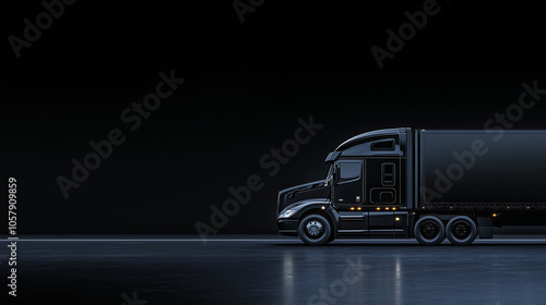 Cargo truck driving on dark background with copy space.