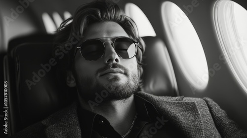 A businessman relaxing in a private jet cabin during a flight in the afternoo...