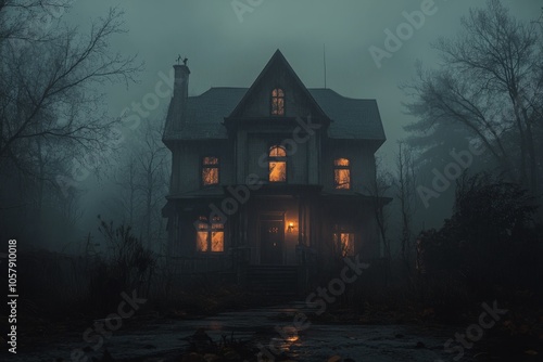 A haunted house surrounded by flames at night with eerie glowing windows in a dark environment