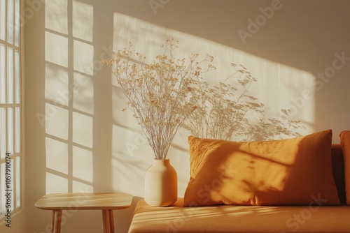 Modern orange sofa with decorative vase and sunlight streaming through the wi...