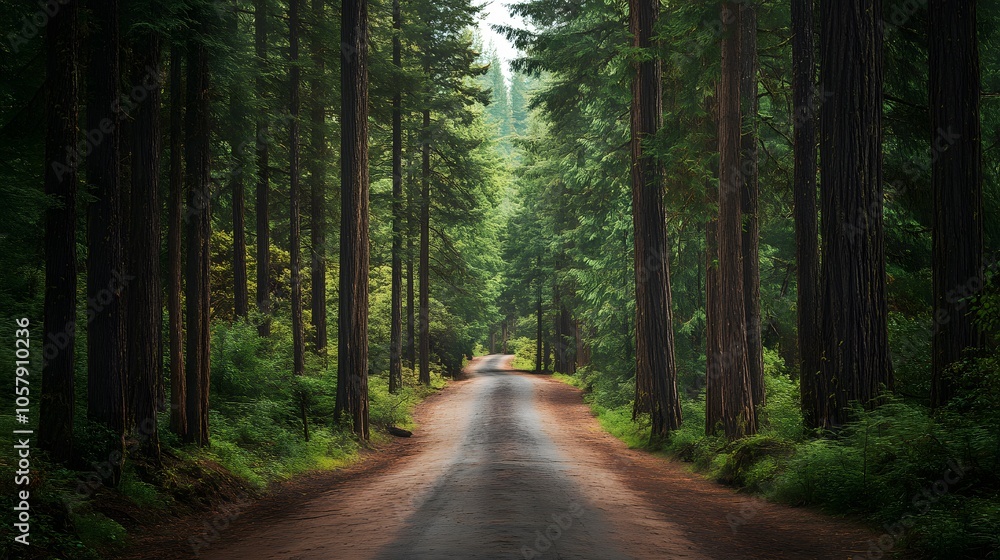 Road disappearing into the distance among tall pines, endless possibilities Road disappearing into the distance among tall pines, endless possibilities
