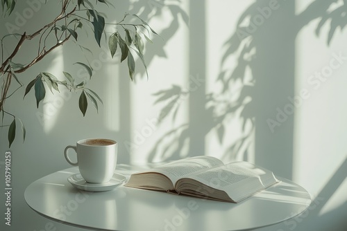 A tranquil morning with a cup of coffee and an open book on a sunlit table