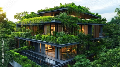 A modern, eco-friendly house adorned with lush greenery and integrated into nature.