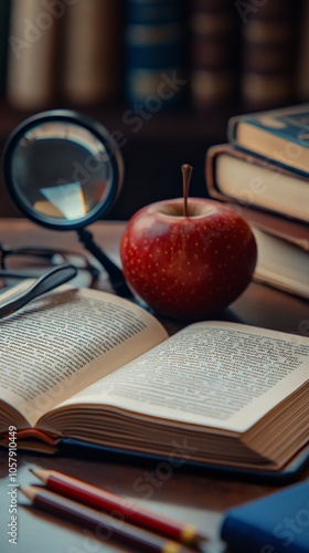 A cozy study corner with books, an apple, and reading glasses during afternoo...