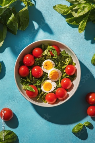Fresh salad with sliced boiled eggs, cherry tomatoes, and basil on a bright b...