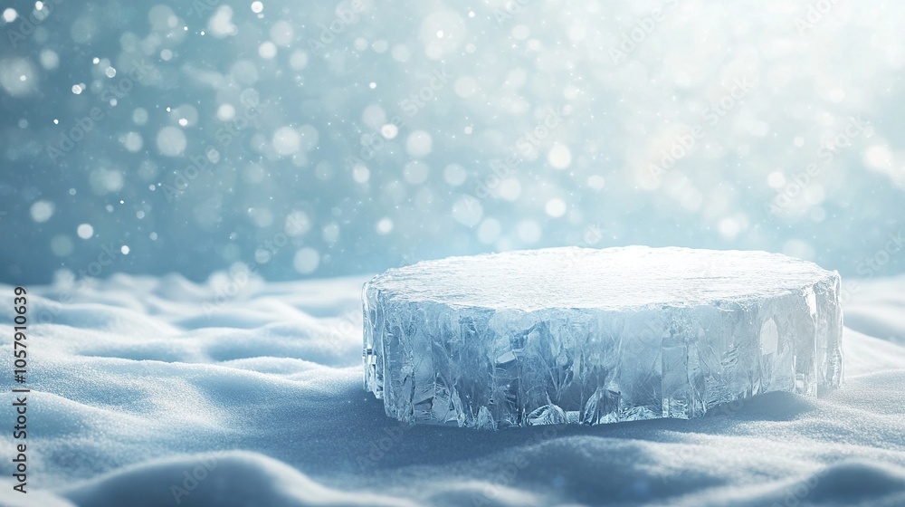 Ice podium with snowy background for mockup display or presentation of products. Advertising theme concept. Ice podium with snowy background for mockup display or presentation of products. Advertising theme concept.