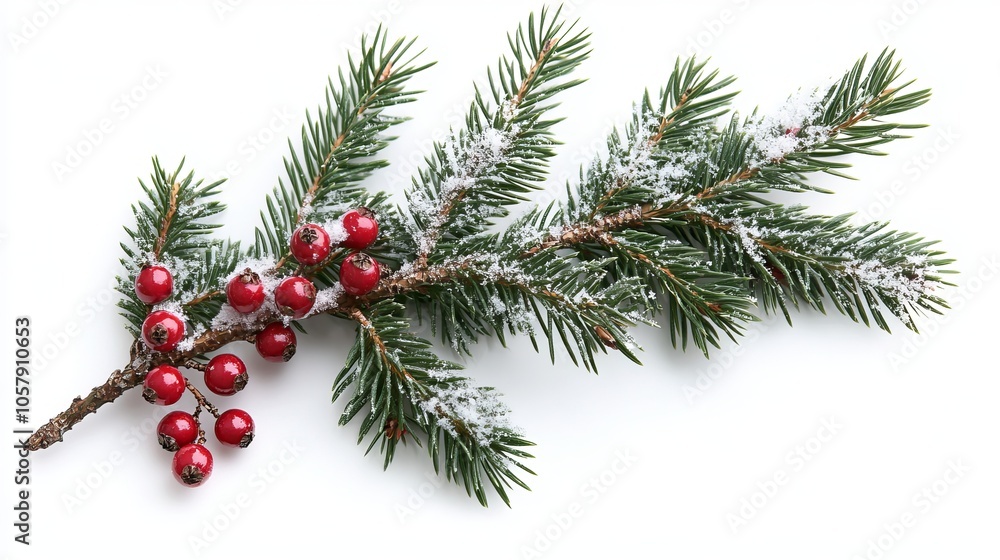 Snow-Dusted Fir and Red Berry Branches for Christmas Decoration on White Background Snow-Dusted Fir and Red Berry Branches for Christmas Decoration on White Background