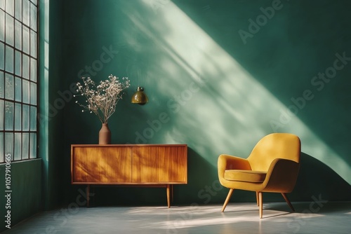 Cozy living room corner featuring a yellow chair, wooden cabinet, and lamp ag...