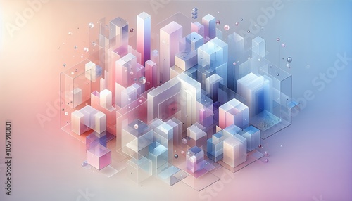 A digital illustration of a modern city with transparent cubes and pastel tones.