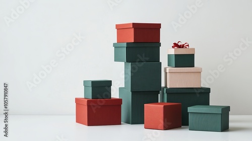 Festive Green and Red Stacked Christmas Gift Boxes on White Background