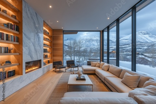 Modern living room with large windows showcasing snowy mountains in wintertime