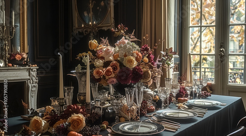 Halloween table setting in a vintage Paris apartment, dark tablecloth, black and gold dinnerware, and eerie floral arrangements. photo