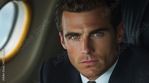 A businessman relaxing in a private jet cabin during a flight in the afternoo...