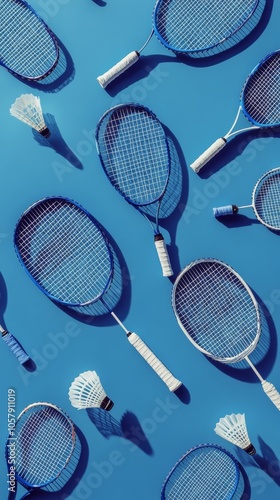 Various blue tennis rackets and shuttlecocks arranged on a bright blue backgr...