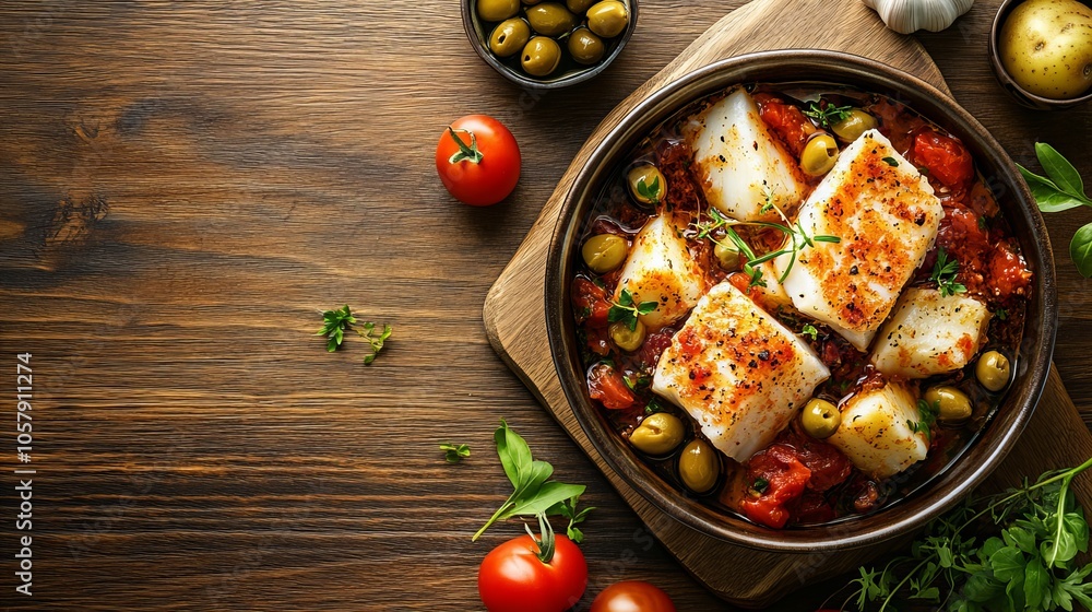 Baccala. The most popular Italian dishes. Salted cod, often served in chunks with vegetables. Composition: Salted cod, tomatoes, olives, potatoes, garlic. Baccala. The most popular Italian dishes. Salted cod, often served in chunks with vegetables. Composition: Salted cod, tomatoes, olives, potatoes, garlic.