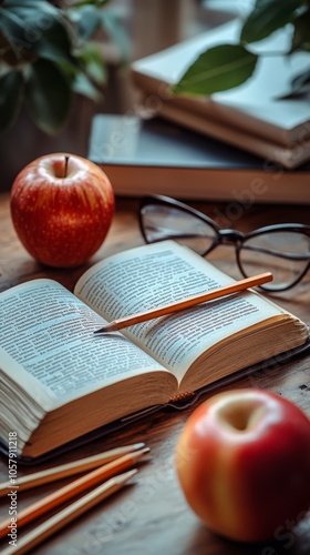 A cozy study corner with books, an apple, and reading glasses during afternoo...