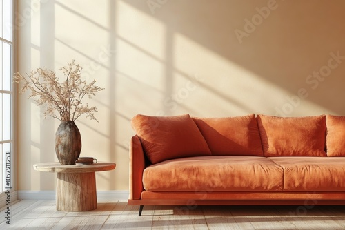 Modern orange sofa with decorative vase and sunlight streaming through the wi...