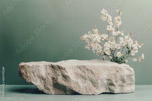 Marble stone on a green surface surrounded by delicate white flowers in soft ...