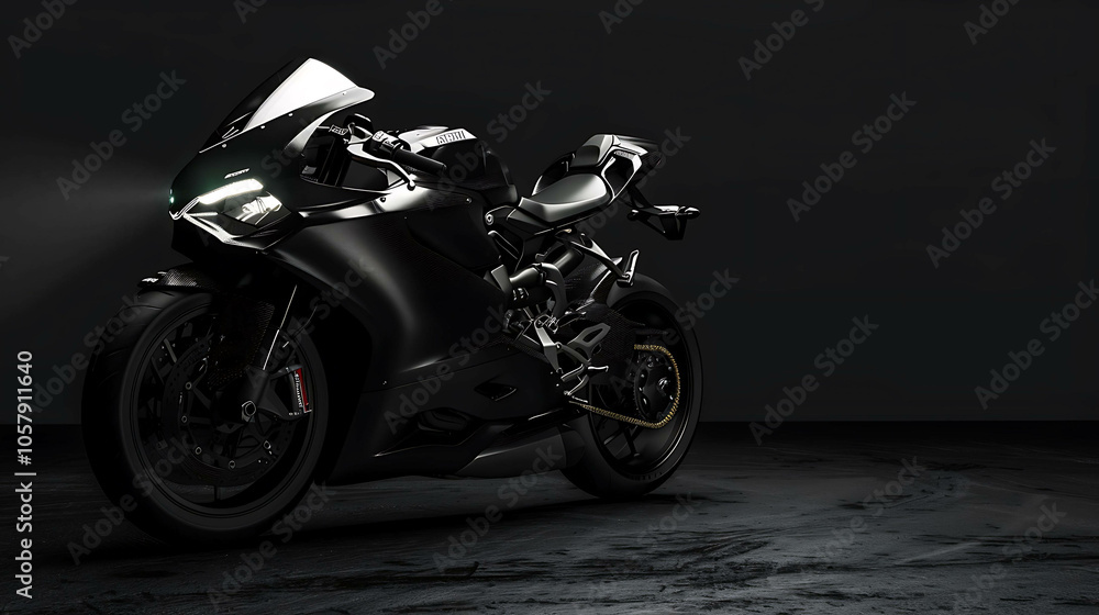 A sleek and powerful black motorcycle is parked in a dark room. A sleek and powerful black motorcycle is parked in a dark room.