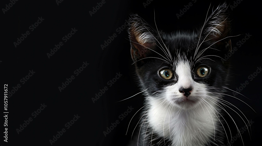 A cute black and white kitten with big green eyes is looking at the camera. A cute black and white kitten with big green eyes is looking at the camera.